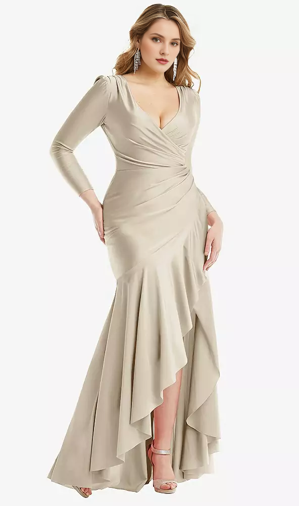 Long sleeved pleated wrap with ruffled edges high and low  satin Prom dress